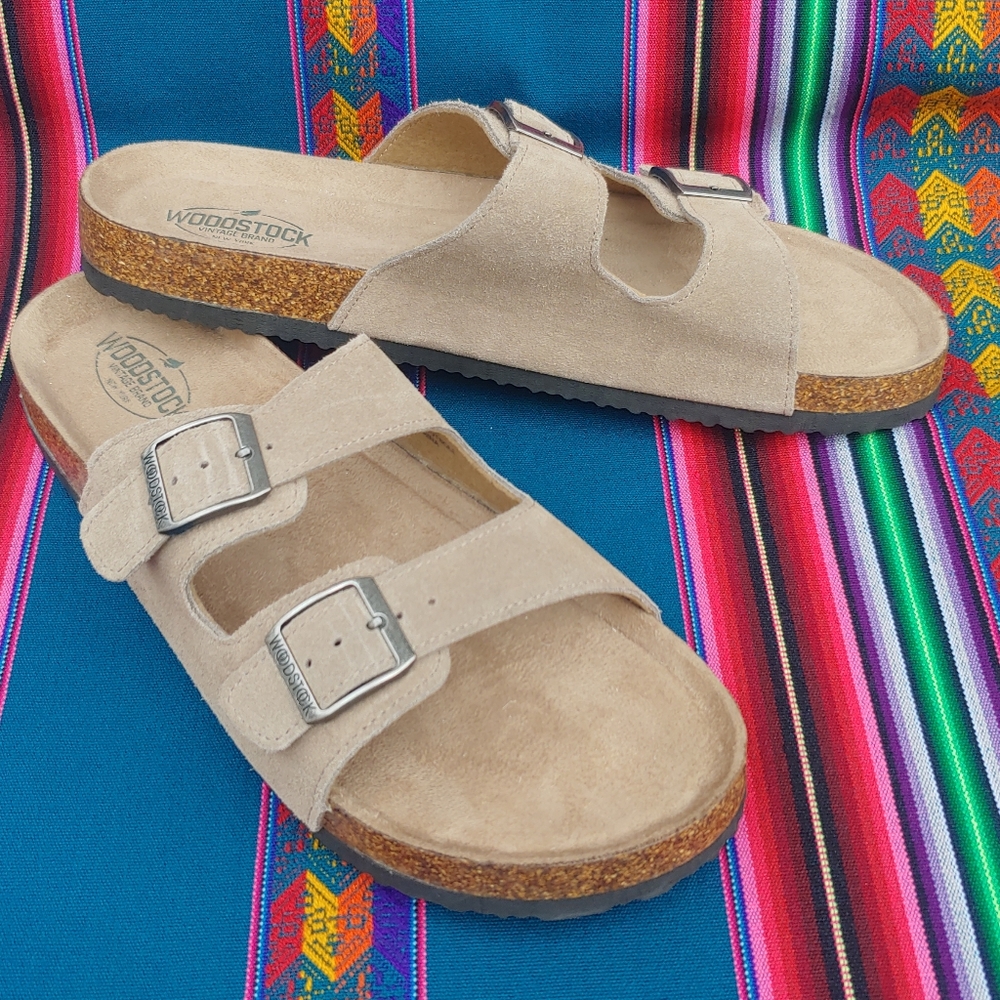 Woodstock Men's Vintage Brand NY Leather Cork Strap Sandals Tan size 11